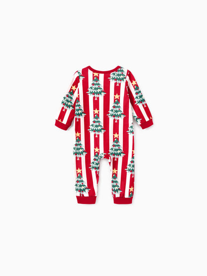 Christmas Family Matching Trees Print Stripes Long-sleeve Pajamas Sets with Christmas Socks Red