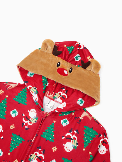 Christmas Family Pajamas Sets 3D Reindeer Hooded Allover Print Onesies with Christmas Socks Red-2