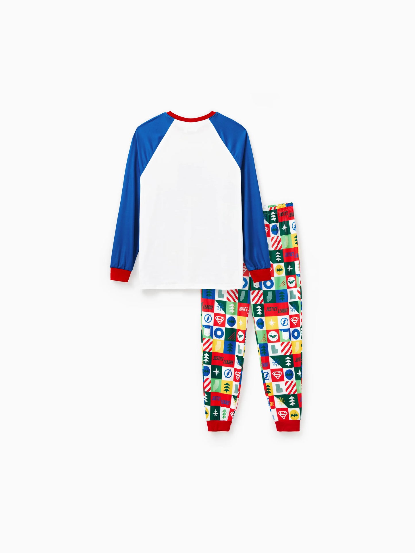 Conjuntos de Pijamas de Natal em Família, Igualzinhos, da Justice League com Batman/Superman Mulher Maravilha, acompanhados de Meias de Natal.