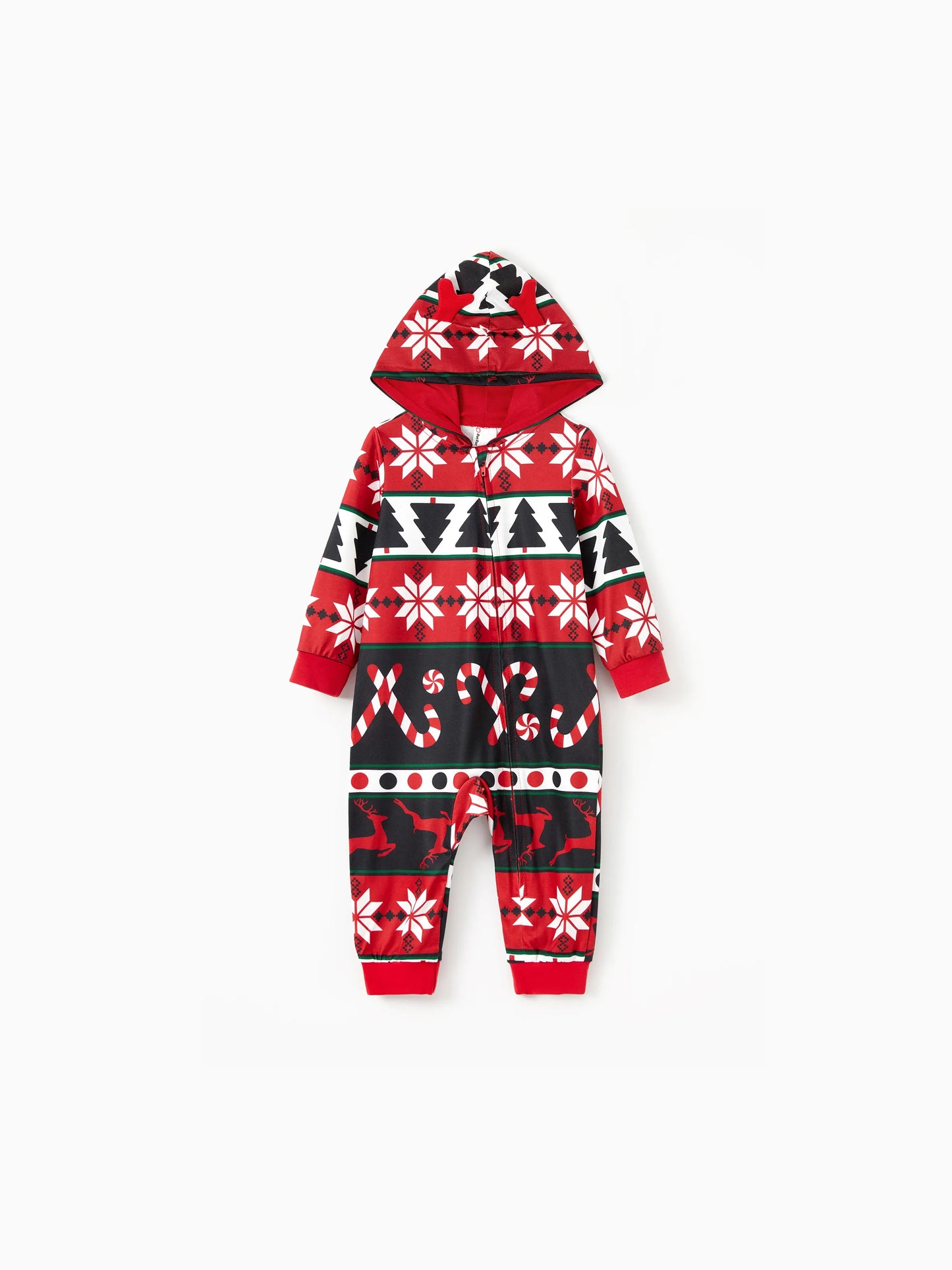 Christmas Pajamas 3D Reindeer Pattern Zipper Hooded Onesies Matching Family Outfits red/black