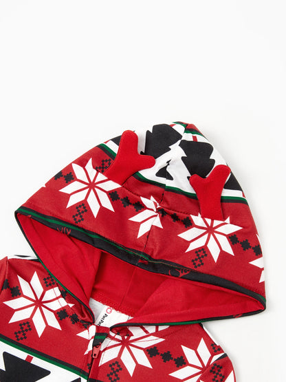 Christmas Pajamas 3D Reindeer Pattern Zipper Hooded Onesies Matching Family Outfits red/black