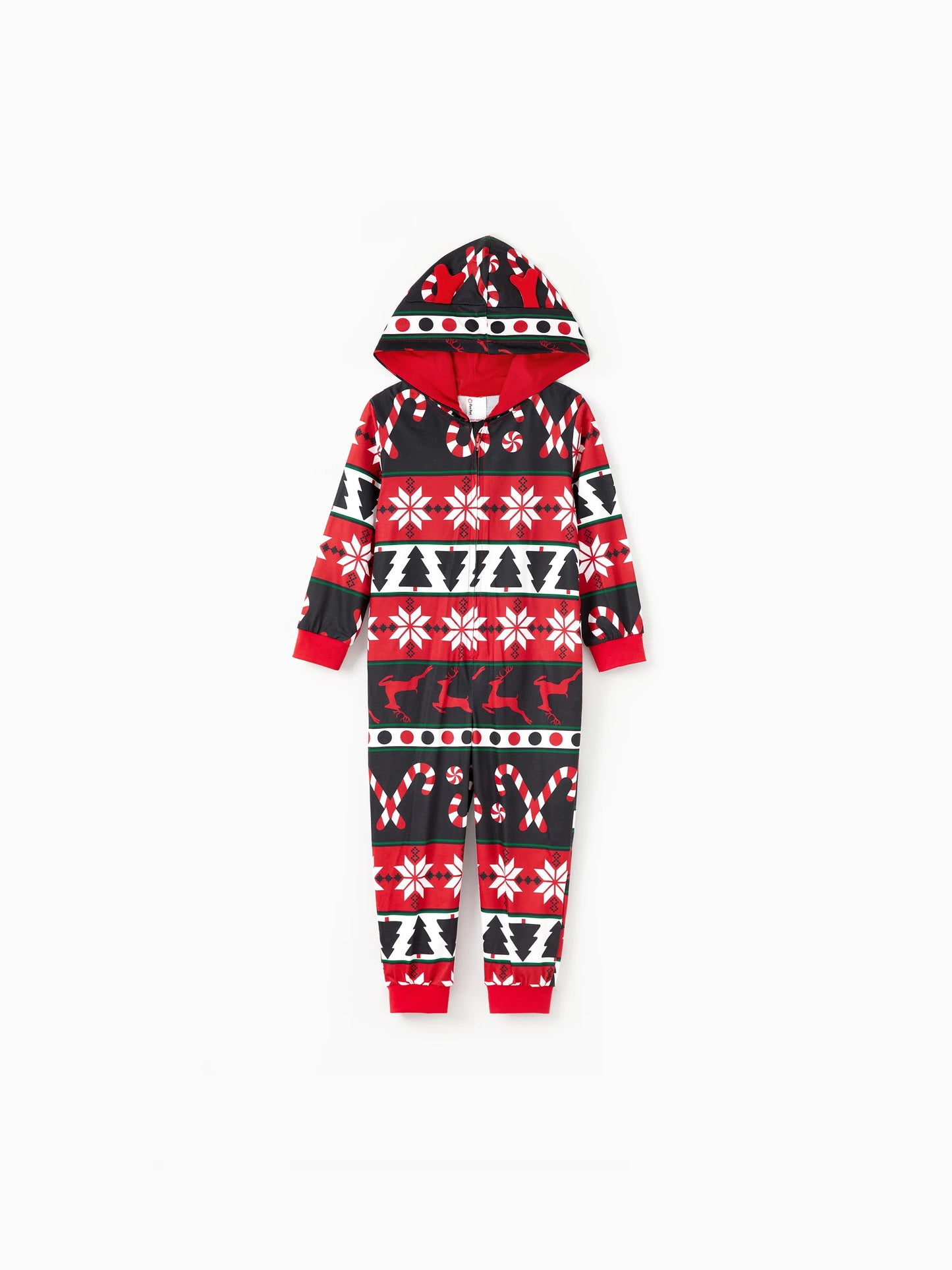 Christmas Pajamas 3D Reindeer Pattern Zipper Hooded Onesies Matching Family Outfits red/black