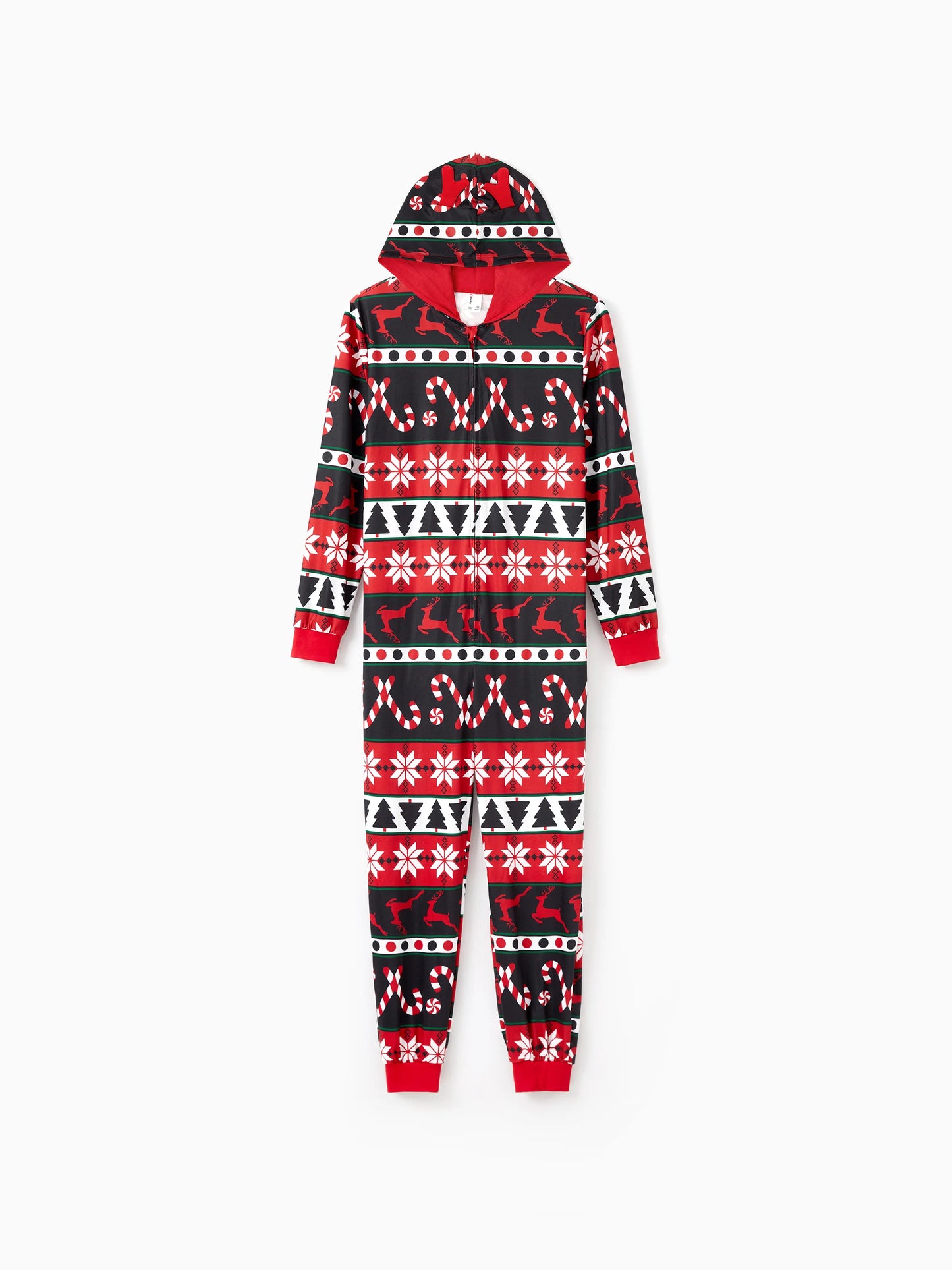 Christmas Pajamas 3D Reindeer Pattern Zipper Hooded Onesies Matching Family Outfits red/black