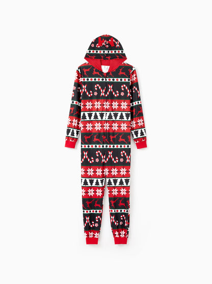 Christmas Pajamas 3D Reindeer Pattern Zipper Hooded Onesies Matching Family Outfits red/black