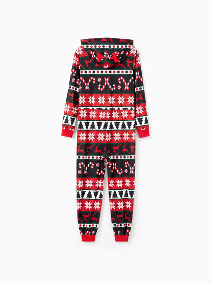 Christmas Pajamas 3D Reindeer Pattern Zipper Hooded Onesies Matching Family Outfits red/black