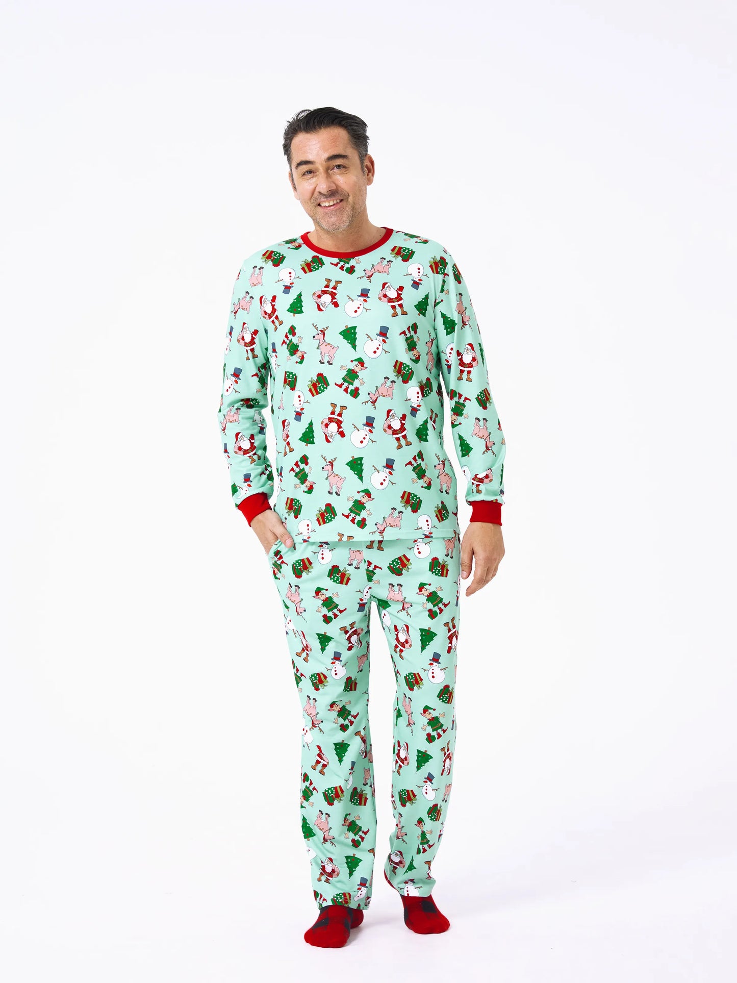 Christmas Matching Family Pajamas Set Reindeer Christmas-themed Print PJS with Christmas Socks Pale Green