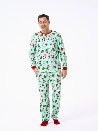 Christmas Matching Family Pajamas Set Reindeer Christmas-themed Print PJS with Christmas Socks Pale Green