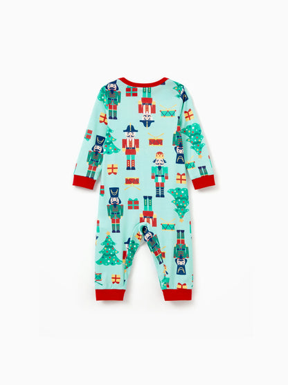 Christmas Matching Family Pajamas Set Soldier and Christmas Tree Print PJS with Christmas Socks Pale Green