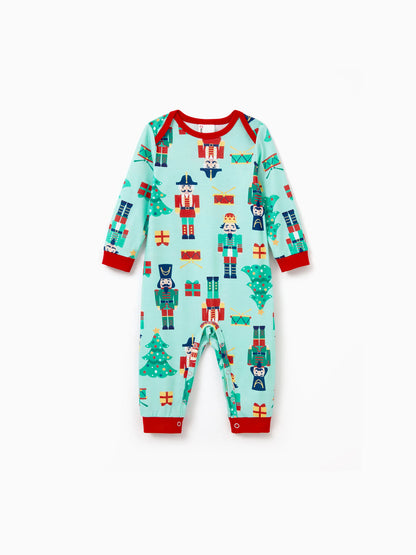 Christmas Matching Family Pajamas Set Soldier and Christmas Tree Print PJS with Christmas Socks Pale Green