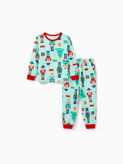 Christmas Matching Family Pajamas Set Soldier and Christmas Tree Print PJS with Christmas Socks Pale Green