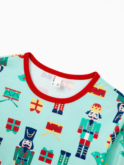 Christmas Matching Family Pajamas Set Soldier and Christmas Tree Print PJS with Christmas Socks Pale Green