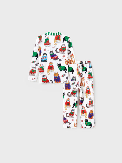 Conjunto de Pijamas de Natal para a Família com Estampa de Gato de Natal e Meias de Natal Multicoloridas