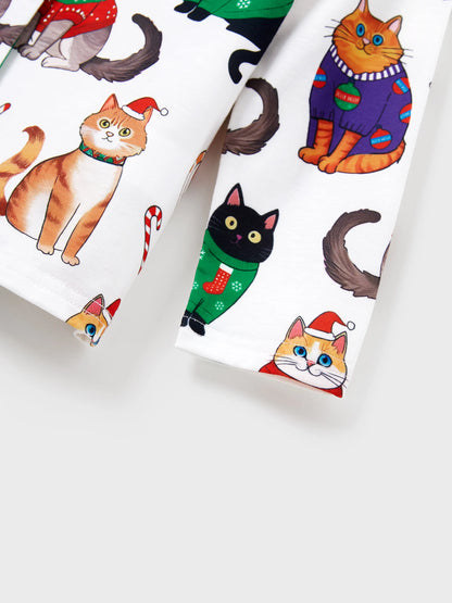 Conjunto de Pijamas de Natal para a Família com Estampa de Gato de Natal e Meias de Natal Multicoloridas
