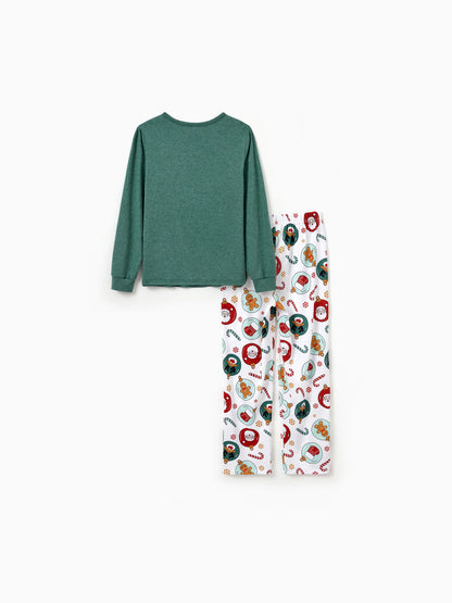 Conjunto de Pijamas em Família a Condizer para o Natal com Renas e Pai Natal e Meias de Natal Verdes