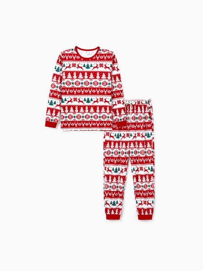 Christmas Matching Family Pajamas Set Reindeer and Snowman Print Red Long-sleeve PJS with Christmas Socks Red