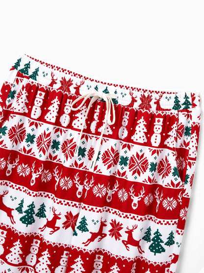 Christmas Matching Family Pajamas Set Reindeer and Snowman Print Red Long-sleeve PJS with Christmas Socks Red