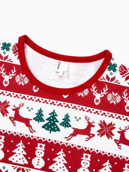 Christmas Matching Family Pajamas Set Reindeer and Snowman Print Red Long-sleeve PJS with Christmas Socks Red