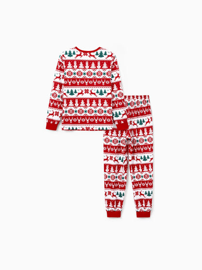 Christmas Matching Family Pajamas Set Reindeer and Snowman Print Red Long-sleeve PJS with Christmas Socks Red
