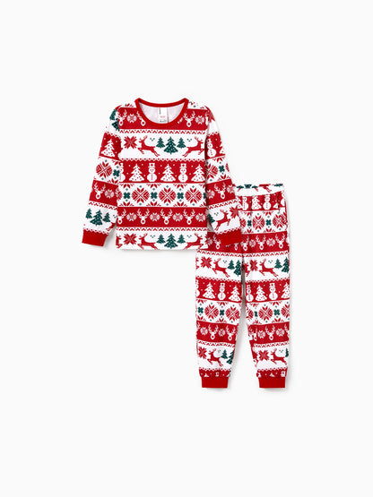 Christmas Matching Family Pajamas Set Reindeer and Snowman Print Red Long-sleeve PJS with Christmas Socks Red