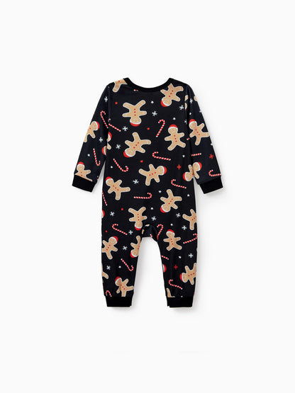 Christmas Matching Family Pajamas Set Gingerbread Print Black PJS with Christmas Socks Black