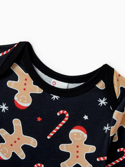Christmas Matching Family Pajamas Set Gingerbread Print Black PJS with Christmas Socks Black