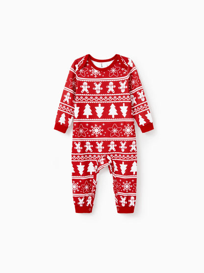 Christmas Matching Family Pajamas Set Gingerbread and Christmas Tree Print Red PJS with Christmas Socks Red