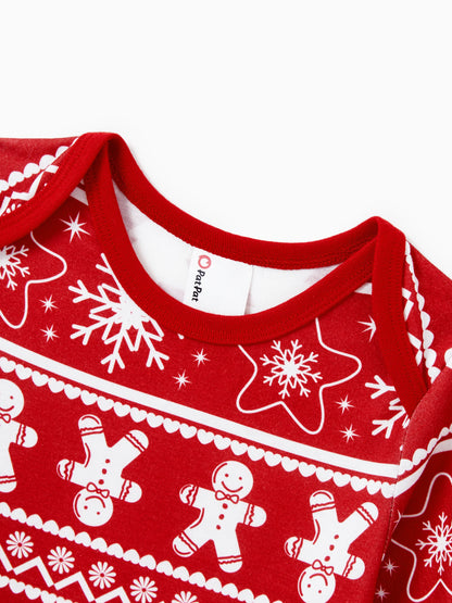 Christmas Matching Family Pajamas Set Gingerbread and Christmas Tree Print Red PJS with Christmas Socks Red