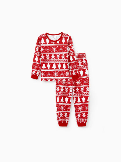 Christmas Matching Family Pajamas Set Gingerbread and Christmas Tree Print Red PJS with Christmas Socks Red