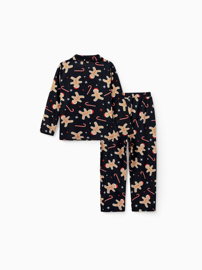 Christmas Matching Family Pajamas Set Gingerbread Print Black PJS with Christmas Socks Black