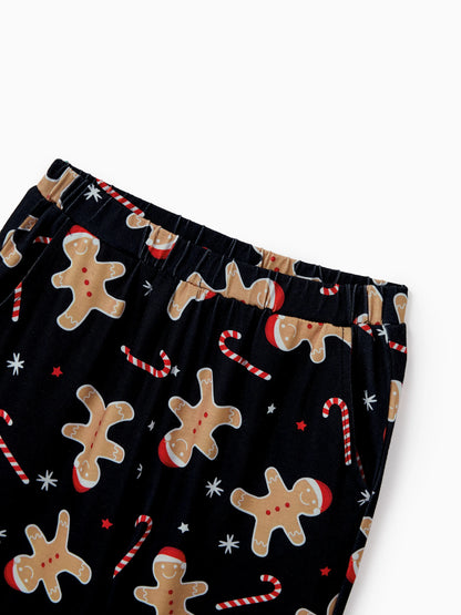 Christmas Matching Family Pajamas Set Gingerbread Print Black PJS with Christmas Socks Black