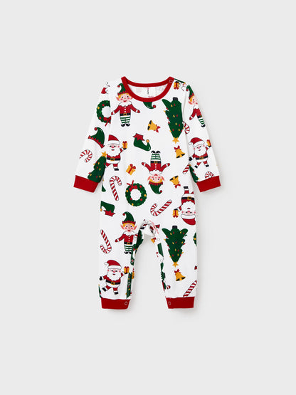 Christmas Matching Family Pajamas Set Santa Claus and Christmas Tree Print Long-sleeve PJS with Christmas Socks White