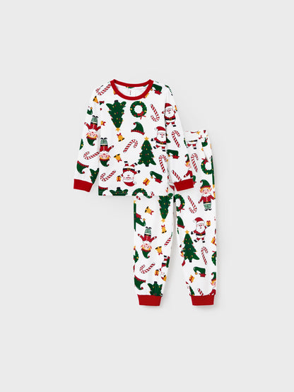 Christmas Matching Family Pajamas Set Santa Claus and Christmas Tree Print Long-sleeve PJS with Christmas Socks White