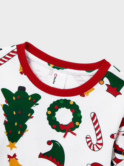 Christmas Matching Family Pajamas Set Santa Claus and Christmas Tree Print Long-sleeve PJS with Christmas Socks White