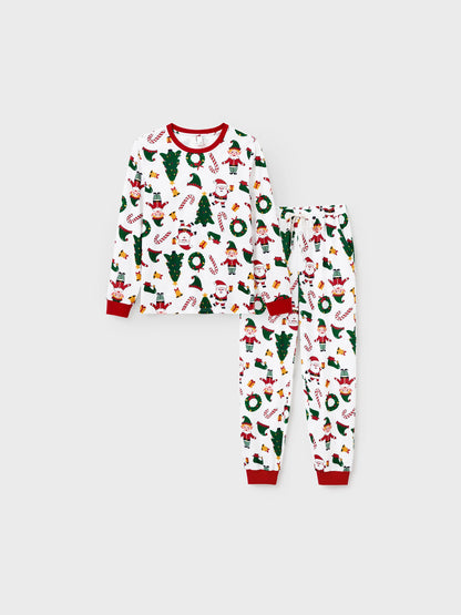 Christmas Matching Family Pajamas Set Santa Claus and Christmas Tree Print Long-sleeve PJS with Christmas Socks White
