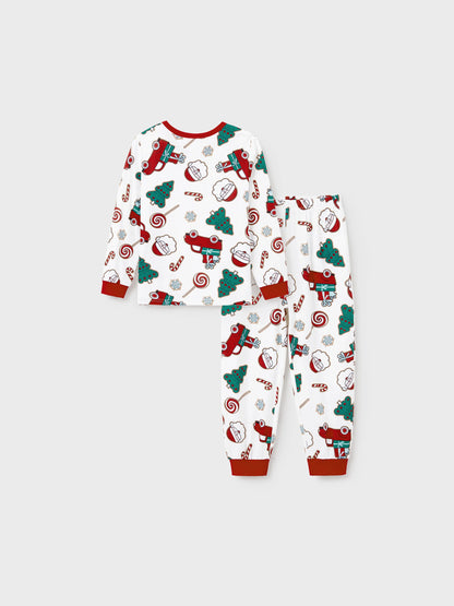 Christmas Matching Family Pajamas Set Santa Claus and Christmas Tree Print White PJS with Christmas Socks White