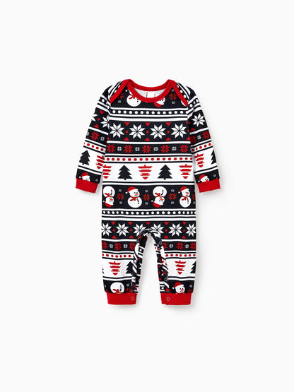 Christmas Matching Family Pajamas Set Snowman and Christmas Tree Print Black PJS with Christmas Socks Black
