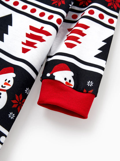 Christmas Matching Family Pajamas Set Snowman and Christmas Tree Print Black PJS with Christmas Socks Black