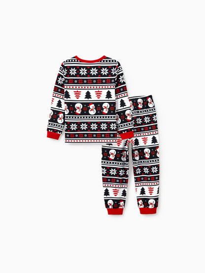 Christmas Matching Family Pajamas Set Snowman and Christmas Tree Print Black PJS with Christmas Socks Black