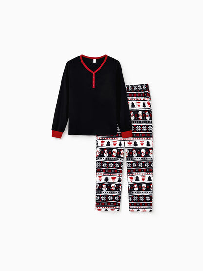 Christmas Matching Family Pajamas Set Snowman and Christmas Tree Print Black PJS with Christmas Socks Black