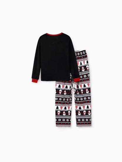 Christmas Matching Family Pajamas Set Snowman and Christmas Tree Print Black PJS with Christmas Socks Black