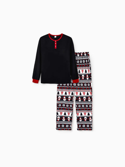 Christmas Matching Family Pajamas Set Snowman and Christmas Tree Print Black PJS with Christmas Socks Black