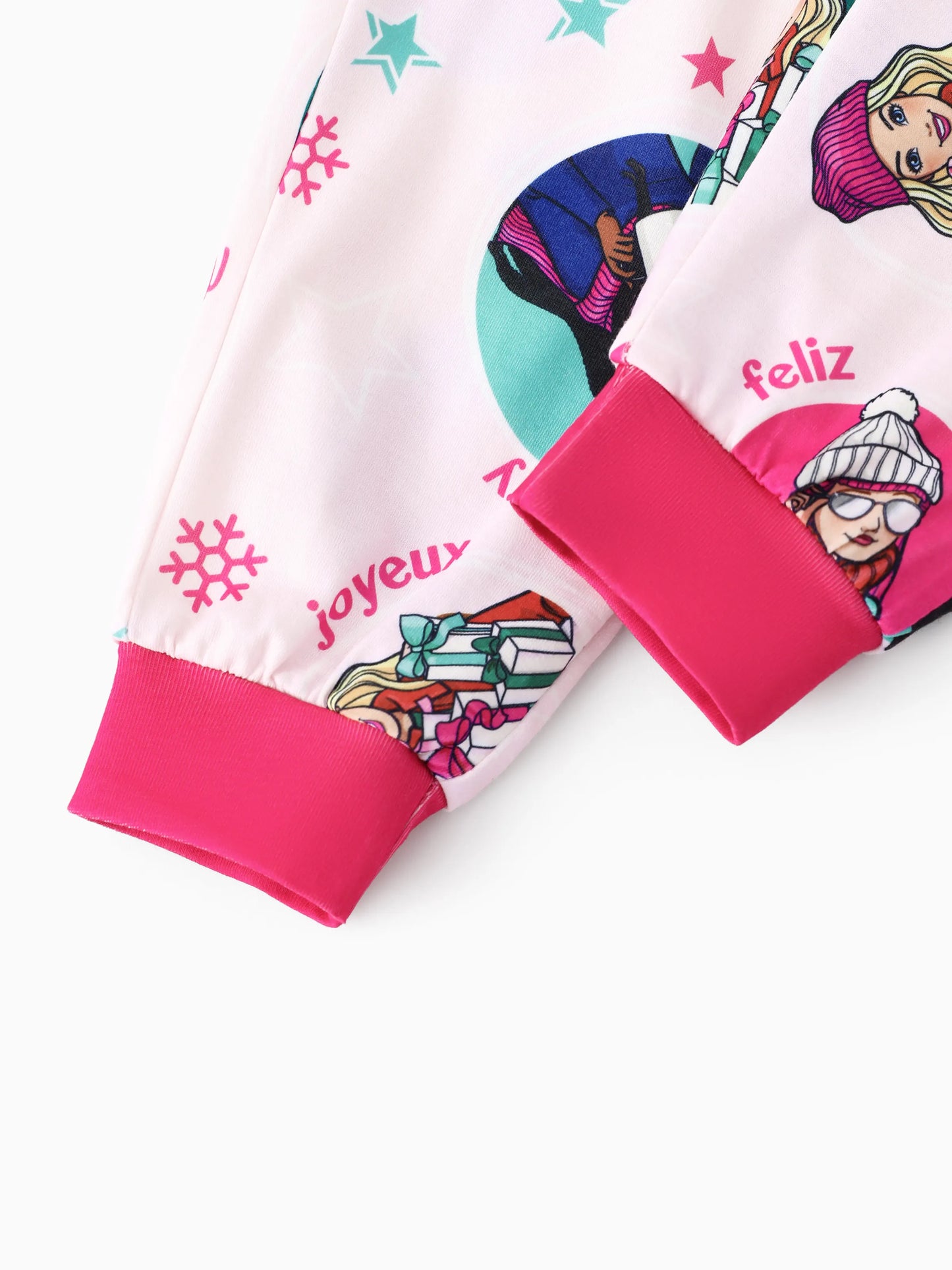 Conjunto de Pijamas de Natal em Conjunto para Família com Flocos de Neve e Meias de Natal Barbie - Cor de Rosa
