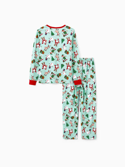 Christmas Matching Family Pajamas Set Reindeer Christmas-themed Print PJS with Christmas Socks Pale Green