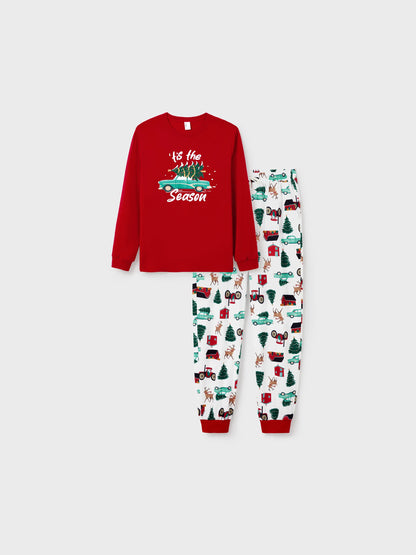 Conjunto de Pijamas de Natal Coordenados para a Família - Padrão de Rena e Carro com Meias de Natal Vermelhas
