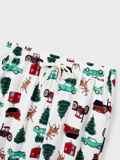 Conjunto de Pijamas de Natal Coordenados para a Família - Padrão de Rena e Carro com Meias de Natal Vermelhas