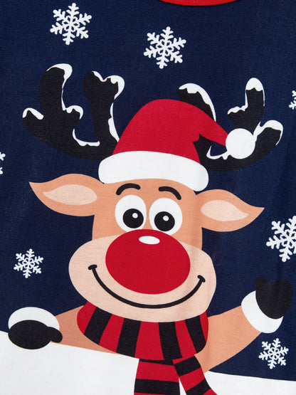 Conjunto de Pijamas para toda a Família a Condizer com Estampa de Renas e Flocos de Neve Azul Escuro