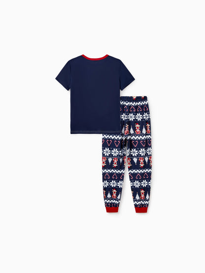 Conjunto de Pijamas para toda a Família a Condizer com Estampa de Renas e Flocos de Neve Azul Escuro