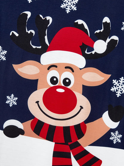 Conjunto de Pijamas para toda a Família a Condizer com Estampa de Renas e Flocos de Neve Azul Escuro
