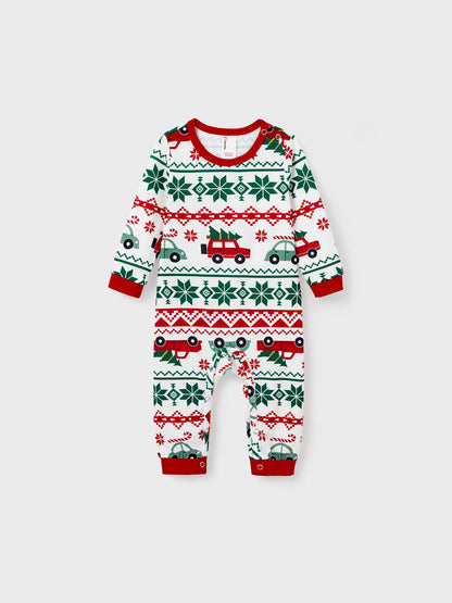 Christmas Matching Family Pajamas Set Snowflake and Car Print PJS with Christmas Socks Red