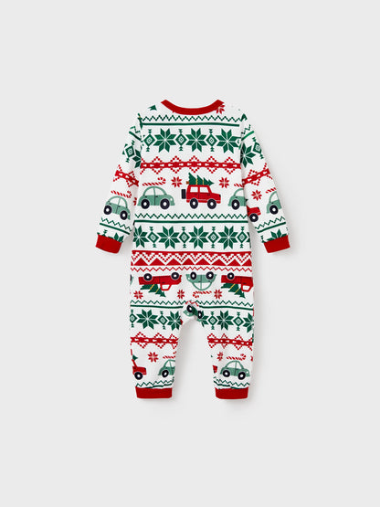 Christmas Matching Family Pajamas Set Snowflake and Car Print PJS with Christmas Socks Red